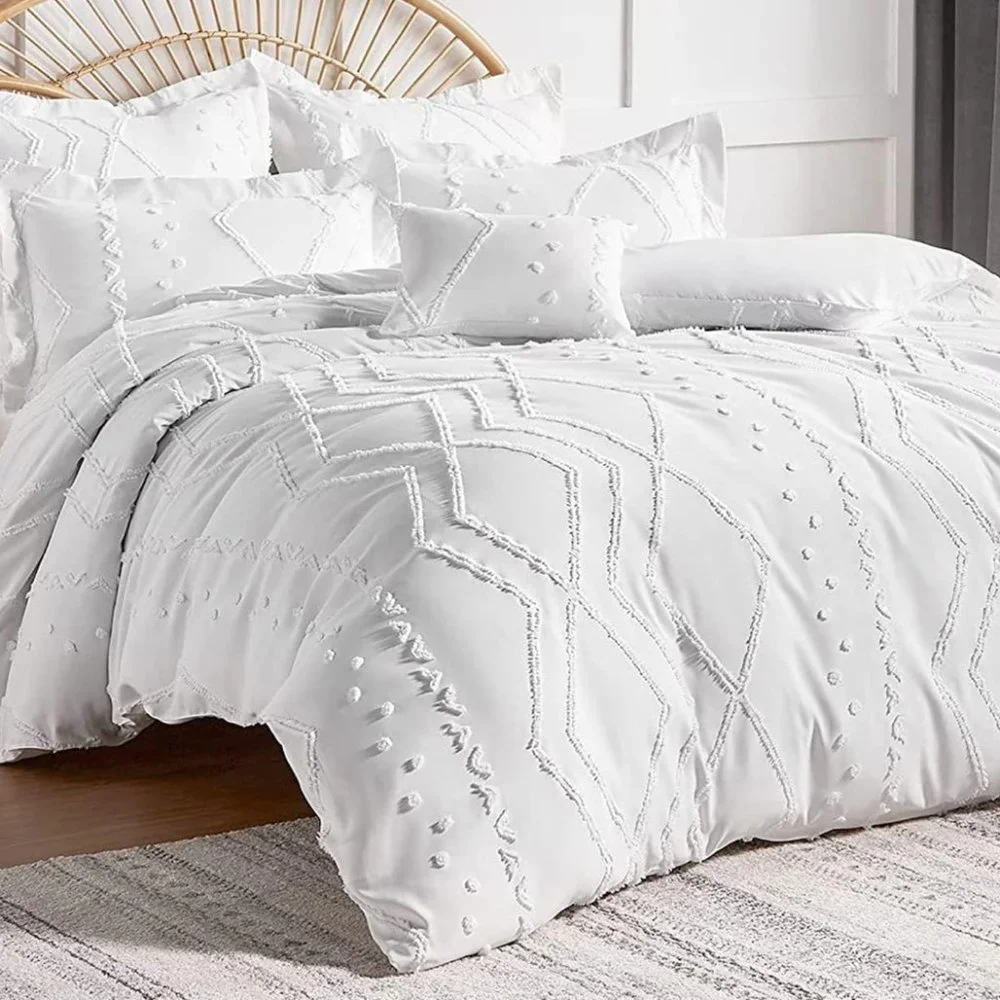 Chic Jacquard Tufted White Duvet Cover Set - Queen Size (90 x 90)